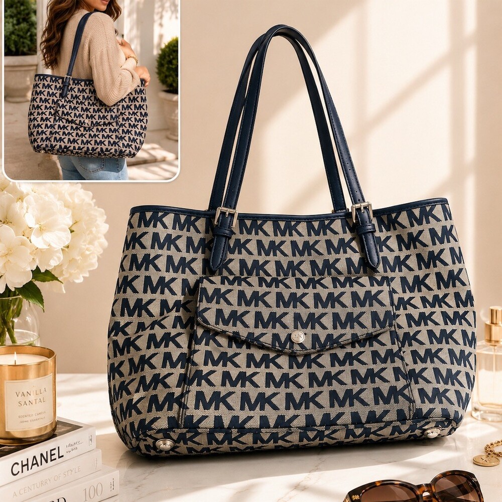 Michael Kors Jet Set Tote Bag Womens Large Navy Beige MK Logo Zip Top pre loved